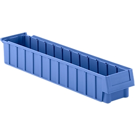 Shelving bin RK 619-01, polypropylene, L 620 x W 116 x H 90 mm, 12 boxes, for cabinet depth 600 mm, blue