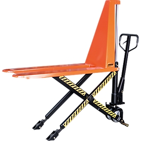 SHW Premium schaarhefwagen, handmatige hefaandrijving, draagvermogen tot 1000 kg, zwenkwielen en lastrollen, L 1650 x B 570 x H 1200 mm, staal, zwart-oranje