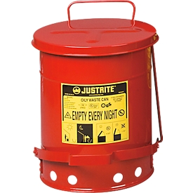 Sicherheitsbehälter, selbstschließender Deckel, Bodenrand mit Öffnungen, mit Fußpedal, Stahlblech, Ø 290 x H 400 mm, 20 l, rot