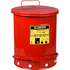 Sicherheitsbehälter, selbstschließender Deckel, Bodenrand mit Öffnungen, mit Fußpedal, Stahlblech, Ø 410 x H 510 mm, 52 l, rot