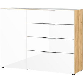 Sideboard, mit 4 Schubladen und 1 Tür, Glasfront- und auflage, B 1340 x T 420 x H 1020 mm, Navarra-Eiche/weiß