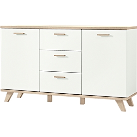 Sideboard OSLO, 3 tiroirs, 2 portes, l. 1440 x P 400 x H 850 mm, blanc/chêne Sanremo-noyer