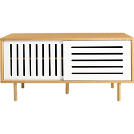 Sideboard Stripe, Eichenholzfurnier, Schiebetüren weiß, m. Holzfüßen, B 1350 x T 450 x H 650 mm