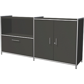 Sideboard Toledo, afsluitbaar, schuiflade + open vak, 2 ordnerhoogten, vleugeldeuren, B 1580 x D 380 mm, antraciet