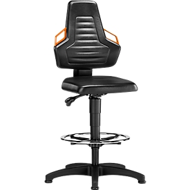 Siège d'atelier pivotant, patins et anneau repose-pieds, similicuir noir, poignées gris