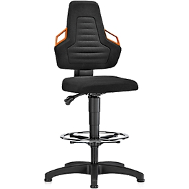 Siège d'atelier pivotant, patins et anneau repose-pieds, tissu noir, poignées orange