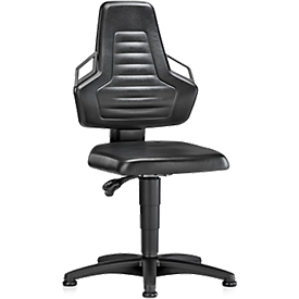 Siège d'atelier pivotant, patins, similicuir noir, poignées gris