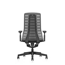 Siège de bureau PUREis3 Interstuhl, accoudoirs réglables, mécanisme synchrone 3D automatique, assise galbée, dossier en filet, gris fer/noir