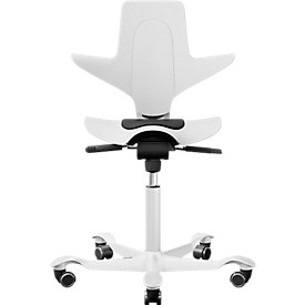 Siège de réunion HÅG Capisco Puls 8010, réglable en hauteur et en profondeur, vérin à gaz, roulettes en dur, mousse, piétement en aluminium, blanc/blanc