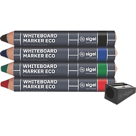 SIGEL Boardmarker Set BA013, 4-teilig, für Whiteboards/Glas-Magnetboards/Flipcharts, kegelförmig, Strichstärke 1-5 mm, mit Anspitzer, farbsortiert