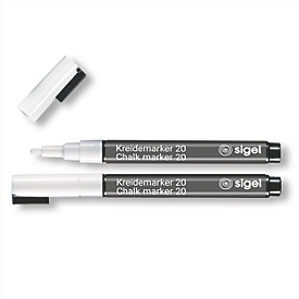 SIGEL krijtmarker, ronde punt, lijndikte 1-2 mm, droog en nat uitwisbaar, schrijfkleur wit, 2 stuks