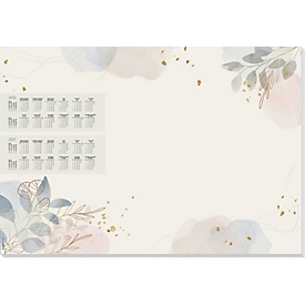 Sigel Papier-Schreibunterlage, Blätter‑Motiv, gold/rosé/blau, ca. A2, Kalender 2026/2027, DE/EN/FR/NL, 30 Blatt