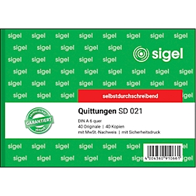 sigel® Quittungen mit MWSt.-Nachweis SD021, DIN A6 quer, 2 x 40 Blatt, selbstdurchschreibend