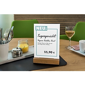 Sigel tafelstandaard, recht, met eiken voet, kristalhelder acryl, 1,5 mm, B 159 x D 46 x H 254 mm, voor A5-formaten, 1 stuk