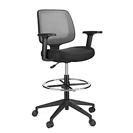 Silla de mostrador, con reposabrazos, reposapiés, regulable en altura, hasta 110 kg, tapizado en tela, gris/negro