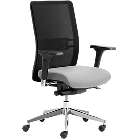 Silla de oficina WIKI, con reposabrazos, respaldo de malla, estructura de aluminio pulido, gris claro