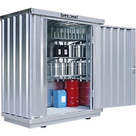 Single container Säbu SAFE TANK 300, WGK 1-3, volume 275 l, with collection tray &amp; grating, W 2100 x D 1140 x H 2300 mm, silver