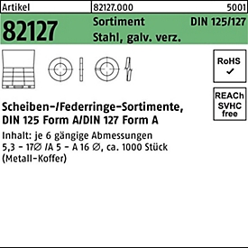 Sluitringen assortiment DIN 125/127, 1000 stuks, verzinkt staal, vorm A, veerringen DIN 127