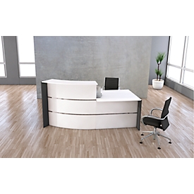 Small arched reception counter with consulting desk Faro, with shelf and side panels, W 2310 x D 1200 x H 1120 mm, white/anthracite