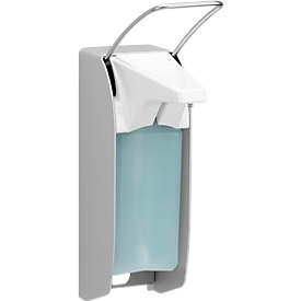 Soap dispenser Ingo-Man, wall mounted, manual, up to 1000 ml, W 95 x D 170 x H 350 mm, aluminum &amp; steel, incl. 500 ml disinfectant
