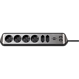 Socket strip brennenstuhl estilo, 6-way, 2 USB charging sockets, IP20, cable length 2 m, L 365 x W 60 x D 110 mm, stainless steel &amp; plastic, black-silver