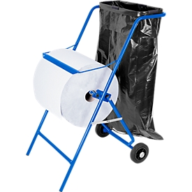 Soporte móvil de rollos de papel, para anchura de rollo 400 mm, Borde cortante y soporte para saco de basura de hasta 120 l, An 550 x P 700 x Al 900 mm