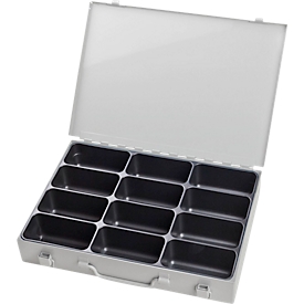 Sortimentskoffer ADB, leer, 12-fache Einteilung, abschliessbar, mit Griff, B 330 x T 230 x H 50 mm, Stahl & ABS-Kunststoff, lichtgrau RAL 7035