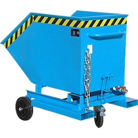 Späne-Kippbehälter Bauer SKW-ET 400, Stahl, blau, B 1320 x T 900 x H 1090 mm, 400 l, bis 300 kg, Rollen, manuelles Kippen, mit Einfahrttaschen