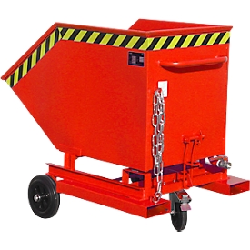 Späne-Kippbehälter Bauer SKW-ET 400, Stahl, rot, B 1320 x T 900 x H 1090 mm, 400 l, bis 300 kg, Rollen, manuelles Kippen, mit Einfahrttaschen