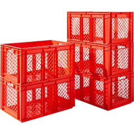 Sparset 5-teilig Euro Box Serie EF 6321, PP, Inhalt 63,7 l, bis 20 kg, durchbrochene Wände, Durchfassgriff, rot 