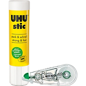 Sparset Klebestift & Korrekturroller Uhu Mono Air, Stiftinhalt 8,2 g, lösungsmittelfrei, Roller-Bandmaß L 10 m x B 4,2 mm