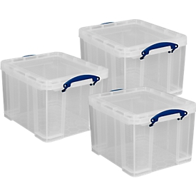 Sparset Really Useful Boxes, 3 Stück mit jeweils 35 l, verschließbare Griffe, mit Deckel, stapelbar, Polypropylen, transparent