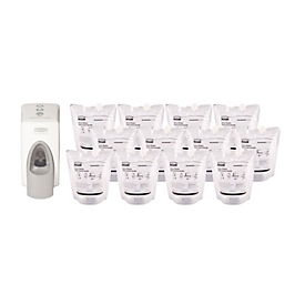 Sparset Spender für Toilettensitzreiniger Rubbermaid®, weiß-grau + 12 x Toilettensitz Reinigungsspray RVU3817 Nachfüllbeutel, jeweils 400 ml