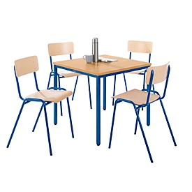 Sparset Stapelstühle, Buchenholz, Gestell blau, B 450 x T 520 x H 770 mm, 4 Stück + Tisch, Buche-Natur, Gestell blau, L 800 x B 800 x H 720 mm