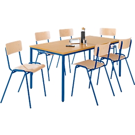 Sparset Stapelstühle, Buchenholz, Gestell blau, B 450 x T 520 x H 770 mm, 6 Stück + Tisch, Buche-Natur, Gestell blau, L 1600 x B 800 x H 720 mm