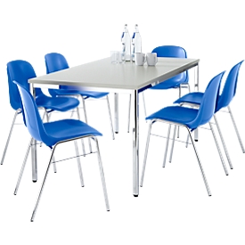 Sparset Stapelstuhl BETA, Bezug blau, Sitzmaße B 400 x T 420 x H 460 mm, 6 Stück + Konferenztisch, B 1600 x T 800 mm, lichtgrau