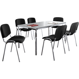 Sparset Stapelstuhl ISO Basic, 4-Fußgestell, stapelbar bis 12 Stück, Bezug schwarz, 6 Stück + Konferenztisch für bis zu 6 Personen, B 1600 x T 800 x H 720 mm