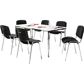 Sparset Stapelstuhl ISO Basic, Bezugsstoff schwarz, Sitzmasse B 475 x T 415 x H 470 mm, 6 Stück + Konferenztisch, weiss, B 1600 x T 800 mm