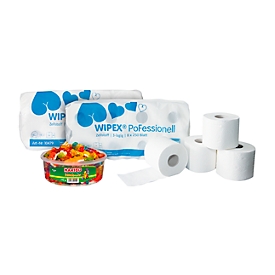 Sparset Toilettenpapier WIPEX Pofessional + 750 g Haribo Phantasia, 144 Rollen, 3-lagig, hochweiß