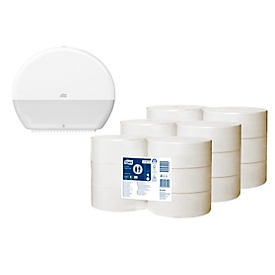 Sparset Tork® Jumbo Advanced Toilettenpapier 120272, 2-lagig, T1-kompatibel, 18 Rollen, weiß + Toilettenpapierspender Jumbo 554000, weiß