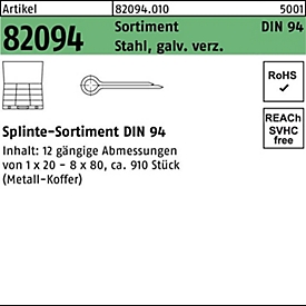 Splitpen assortiment DIN 94, gegalvaniseerd staal, 910 stuks, standaard DIN 94