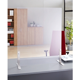 Spuckschutz, Kunststoff, klar-transparent, Stärke 4 mm, B 800 x H 800 mm, ohne Durchreiche, mit Edelstahl-Füßen