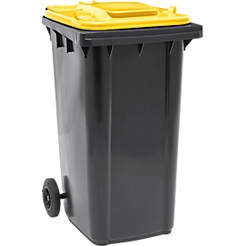 SSI Schäfer GMT eXtra Verrijdbare afvalbak - 240L - EN 840 - voorbereid voor chipopname - trekgreep - 90 % gerecycled kunststof - zwart-geel