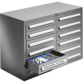 SSI Schäfer Schubladenschrank Schub-Fix SF 120, 2 x 6 Schübe, Stahlblech, hellsilber, B 1055 x T 500 x H 723 mm, abschließbar