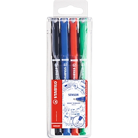 Stabilo Fineliner Sensor, lijndikte 0,3 mm, punten in metaal gevat, etui met 4 stuks