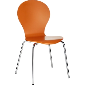 Stacking chair, set of 4, W 470 x D 440 x H 450 mm, stackable up to 4 pieces, wood &amp; chrome-plated tubular steel, orange