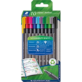 STAEDTLER triplus fineliner 334, DRY SAFE, 0,3 mm, ergonomisch, afwasbaar, assorti kleuren, set van 10