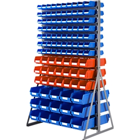 Ständerregal, 2-seitig bestückbar, 13 Reihen, inkl. 100 x Sichtlagerkästen LF 211/56 x LF 221/30 x LF 321, B 1145 x T 800 x H 1950 mm, Stahl, grau