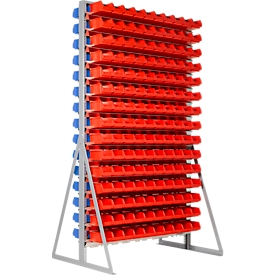 Ständerregal, 2-seitig bestückbar, 30 Reihen, inkl. 150 Sichtlagerkästen SSI Schäfer Serie PROFI LF 211 blau & 150 Sichtlagerkästen PROFI LF 211 rot, B 1145 x T 800 x H 1950 mm