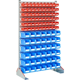 Ständerregal einseitig, B 1130 x T 500 x H 1885 mm, 60 x 0,7 l, rot +  42 x 3 l,  blau
